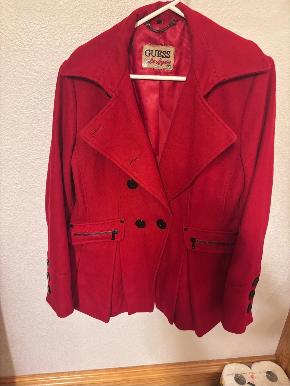 GUESS Bold Red Double-Breasted Peacoat with Wide Lapels